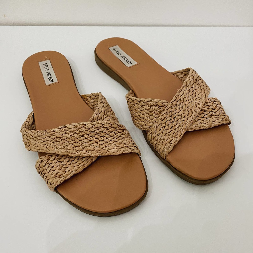 Steve Madden Natural Tan Raffia Straw Slide Sandal